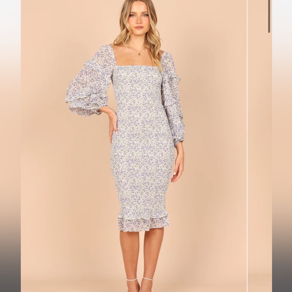 Blue Floral Bodycon Midi Dress - Petal & Pup; Maternity friendly